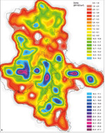 Abb. 4: Dichteoberfläche für den Rotmilan in Sachsen-Anhalt (mit Landkreisgrenzen) als Resultat der Kerndichteschätzung (Suchradius 10 km, Zellgröße 100 m).