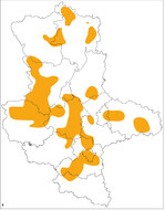 Abb. 6: Dichtezentren, die sich durch Übertragung des baden-württembergischen Schwellenwertes von 4 BP/34 km² (= 11,7 BP/100 km²) nach Sachsen-Anhalt ergeben würden.