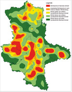 Abb. 7: Klassifizierte Dichteoberfläche. Dichtezentren nach dem Kriterium für Sachsen-Anhalt (Dichte > 14,7 BP/100 km²) und zum Vergleich nach dem Kriterium für Baden-Württemberg (Dichte > 11,7 BP/ 100 km²). Die weiteren Dichteklassen orientieren sich am mittleren Dichtewert für Sachsen-Anhalt.