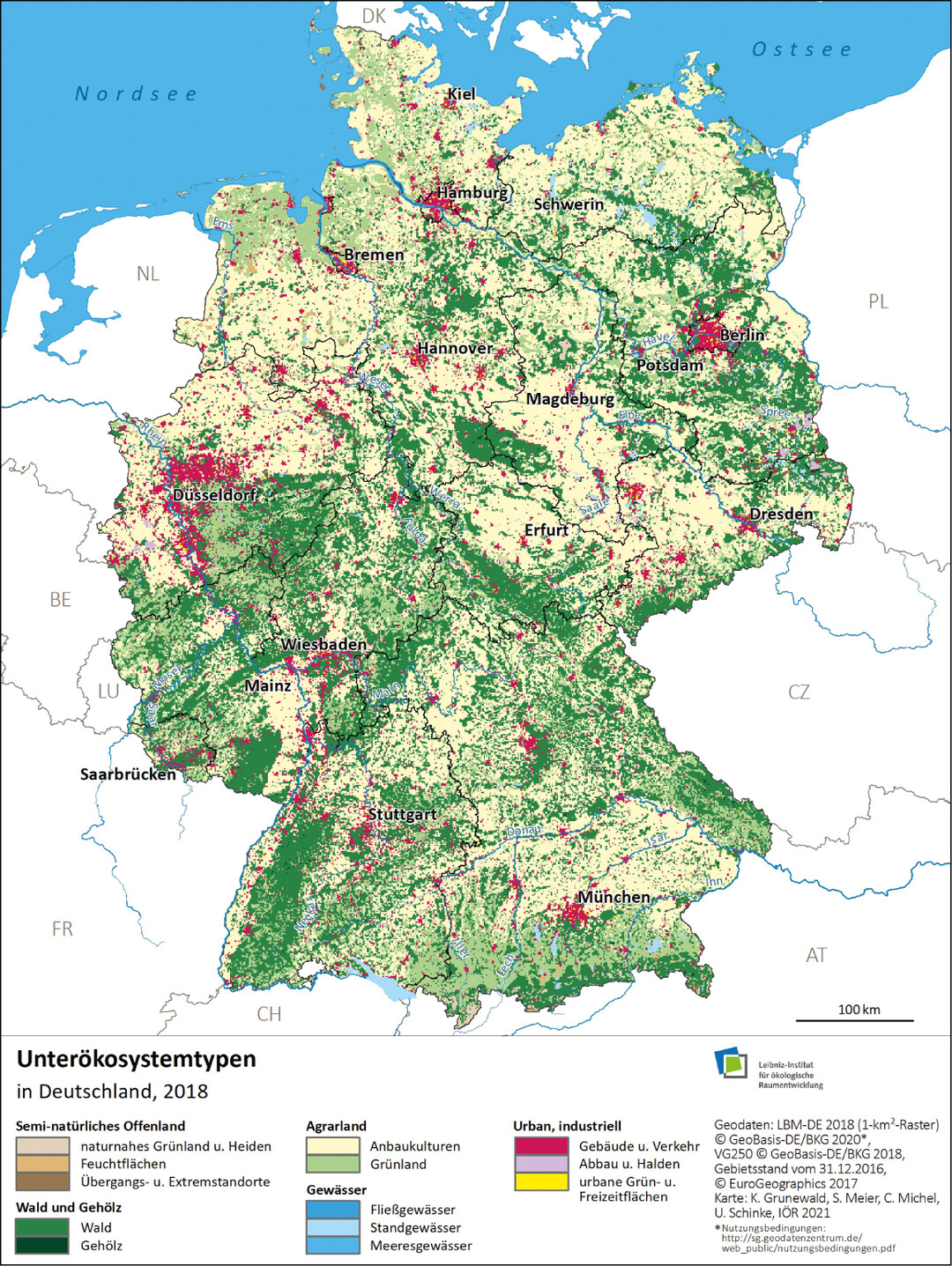  Abb. 1: Karte der kosystemtypen Deutschlands, Referenzjahr 2018 (vergleiche Grunewald et al. 2020). 
