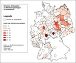 Abb. 3: Räumliche Häufigkeitsverteilung (Anzahl) der Rotmilan-Totfunde an WEA in Deutschland pro Landkreis. Zufallsfunde nach Dürr (Stand: Mai 2021).