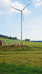 Abb. 5: Windenergieanlage im Windpark Ruhlkirchen. Die Windenergieanlagen sind trotz frischer Mahd in Betrieb. Bereits geerntetes Heu wird auf der Schotterfläche einer weiteren Windenergieanlage gelagert.
