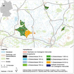 Abb. 6: Ergebnis der Vernetzungsanalyse zur Entwicklung eines Habitatverbundsystems fürCoenagrion mercuriale im Grenzraum zwischen Nordrhein-Westfalen und Niedersachsen. Grundlage für die Erstellung der Verbindungsräume sind die Vorkommen vonCoenagrion mercuriale im Grenzraum zwischen Nordrhein-Westfalen und Niedersachsen sowie die gewonnenen Kenntnisse zum Ausbreitungsverhalten der Art. Verwendete Ausbreitungsdistanzen: 25 m, 100 m, 250 m, 750 m, 1000 m, 5000 m und 6618 m.