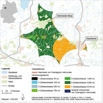 Abb. 7: Ausschnitt der Vernetzungsanalyse zur Entwicklung eines Habitatverbundsystems fürCoenagrion mercuriale im Grenzraum zwischen Nordrhein-Westfalen und Niedersachsen. Grundlage für die Erstellung der Verbindungsräume sind die Vorkommen vonCoenagrion mercuriale im Grenzraum zwischen Nordrhein-Westfalen und Niedersachsen sowie die gewonnenen Kenntnisse zum Ausbreitungsverhalten der Art. Verwendete Ausbreitungsdistanzen: 25 m, 100 m, 250 m, 750 m, 1000 m, 5000 m und 6618 m.