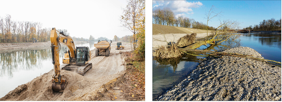 Fr die Neugestaltung wurden groe Bodenmengen bewegt. Totholz im neu angelegten Bett soll die Fliedynamik frdern. Bilder: Quirin Leppert (links), Wolfgang Lorenz (rechts)
