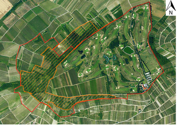 Abb. 1: Untersuchungsgebiet (rot) mit Abgrenzung des Naturschutzgebietes Wiberg (orange).