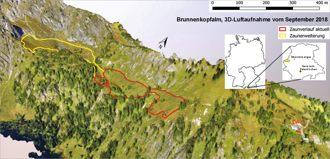  Abb. 2: Die Lage des Ammergebirges im Landkreis Garmisch-Patenkirchen. Das Untersuchungsgebiet liegt sdlich des Brunnenkopfkamms und westlich der Brunnenkopfhuser des Deutschen Alpenvereins (rechte Bildseite). Rot umrandete Flche = Wiederbeweidungsflche in den Jahren 20182020 (4 ha). Gelb umrandeter Bereich = westlich und hher gelegene Flche von etwa 3 ha, um die die Weideflche ab 2021 erweitert wird. 