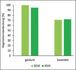 Abb. 7: Vegetationsbedeckung in den zehn Untersuchungsflächen zu jeweils 100 m² in den Jahren 2018 und 2019.