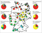Abb. 6 : Genetische Gruppierung derIn-situ -Bestände (kleine Kuchendiagramme) sowie derEx-situ -Generhaltungsbestände (große Kuchendiagramme) in fünf Reproduktionseinheiten nach erfolgter STRUCTURE-Analyse; Farben stellen die jeweiligen Anteile an den genetischen Gruppen dar; u bis z = geographische Lage derEx-situ -Bestände (EFL = Erhaltungsflächen; SPL = Samenplantage); I bis VI = Vorkommensgebiete nach Schmidt & Krause (1997).
Genetic clustering of the in-situ (small pie charts) and ex-situ gene conservation stands (large pie charts) in five reproductive groups (colours in the pie charts) after STRUCTURE analysis; colors display the five reproductive groups, respectively; u to z = location of the ex-situ stands (EFL = conservation stand; SPL = seed orchard); I to VI = autochthony areas according toSchmidt & Krause(1997).