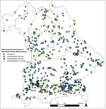 Abb. 2 : Lage der 573 konventionellen und 275 Öko-Untersuchungsflächen in den bayerischen Naturräumen.