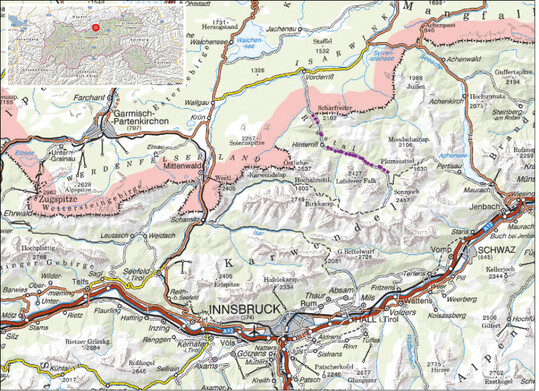 Abb. 1: Lage des Untersuchungsgebietes Ribach im Karwendelgebirge der nrdlichen Kalkalpen im sterreichischen Bundesland Tirol.