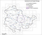Abb. 3: Kachelnetz für den Freistaat Thüringen und beispielhafte Darstellung der Pufferung einer Einzelkachel.