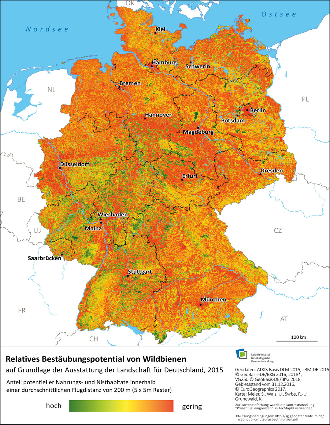  Abb. 4: Relatives Bestubungspotenzial von Wildbienen in Deutschland auf der Grundlage der Ausstattung der Landschaft hinsichtlich der Bltenverfgbarkeit und Nisthabitaten fr den Zeitschnitt 2015. 
