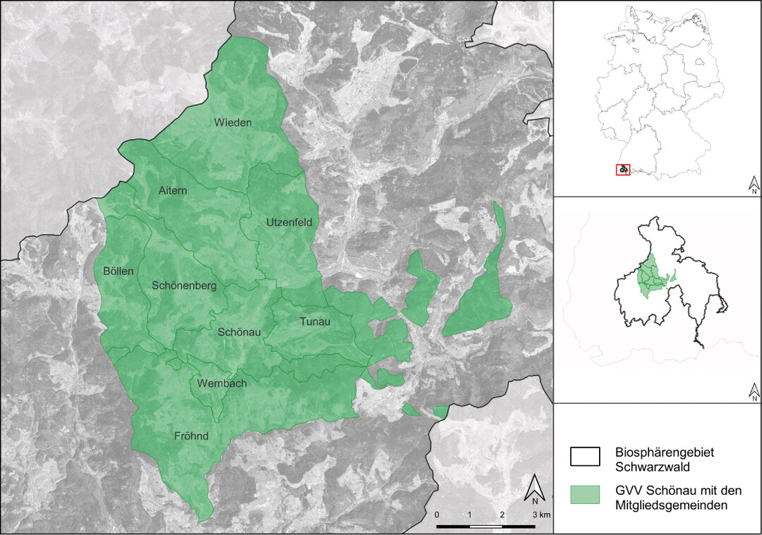 Abb.1: Lage des Gemeindeverwaltungsverbands Schnau im Schwarzwald (grn) mit seinen Mitgliedsgemeinden im sdwestlichen Baden-Wrttemberg innerhalb des Biosphrengebiets Schwarzwald. Kartengrundlage: Amtliches Liegenschaftskataster Informationssystem (ALKIS)  Landesamt fr Geoinformation und Landentwicklung Baden-Wrttemberg.