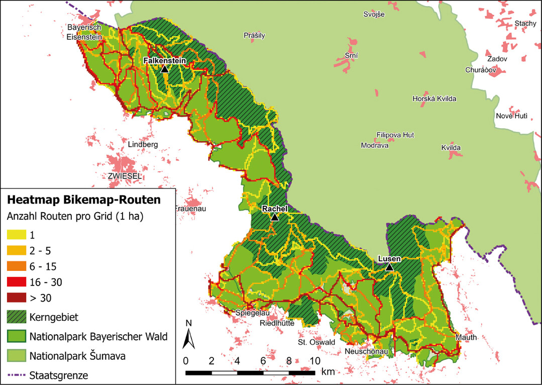 Abb.�8: Heatmap von Bikemap-Routen im Nationalpark Bayerischer Wald