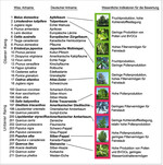 Abb. 6: Die Baumarten der Rangliste, die für städtische Bepflanzungen in Meran auf der Grundlage der hier berücksichtigten Leistungen und Schadwirkungen am besten (Rang 118) bzw. am wenigsten geeignet sind (Rang 193211), mit einigen exemplarischen Fotos (Fettdruck). Die Rangfolge wurde als Durchschnitt aus den zehn verwendeten Methoden der kombinierten Indikatoren berechnet.