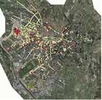 Abb. 7: Baumpflanzungen im Stadtgebiet von Meran, die eine signifikante Häufung von Arten mit vielen Leistungen aufweisen (grün), und solchen, bei denen die Schadwirkungen überwiegen (rot), nach der Getis-Ord-Statistik mit einer Wahrscheinlichkeit 90 %; weiß = keine signifikanten Unterschiede.