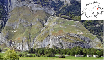Abb.1: Untersuchungsgebiet Calanda-Massiv bei Chur (Kanton Graubnden, Schweiz, 4651 " N, 929 " E): bersicht ber die Versuchsflchen links in der Region Arabhel (A=Ausreien und Abfhren; AK=Ausreien Kontrolle) und in der Region Malabiel (M=Mhen und Liegenlassen; MK=Mhen Kontrolle).