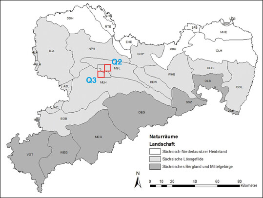 Abb. 1: Lage des Untersuchungsgebietes in Sachsen (MTBQ 4844-2/3, rot umrandet).