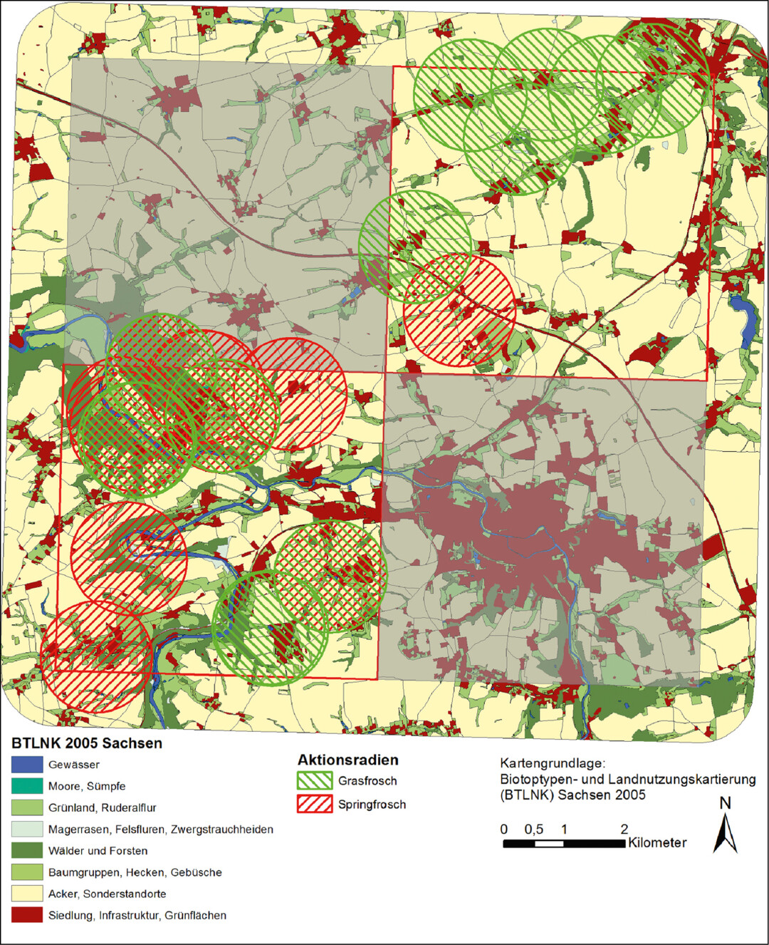 Abb. 11: Vergleich der Verbreitung von Grasfrosch und Springfrosch im Untersuchungsgebiet (Aktionsradius 1.000 m).