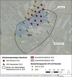 Abb. 3: Lage von Graureiherkolonie, Windpark, Erweiterungsfläche, Referenzfläche und Beobachtungspunkten