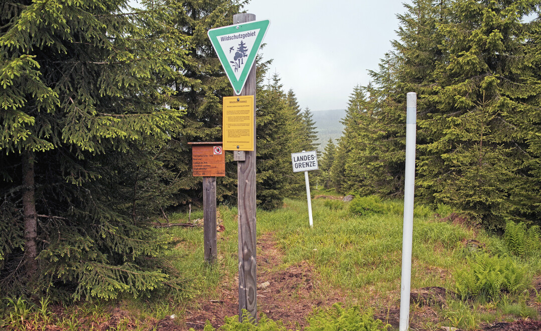 Abb. 8: Hinweisschilder �Landesgrenze� und �Wildschutzgebiet� entlang des Grenzsteigs beim Siebensteinkopf