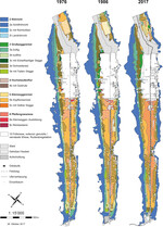 Abb. 7: Vegetationskarten vom Schutzgebiet Heidenweg (CH) von 1976 und 1986 ( Wildi & Leupi, 1986) sowie von 2017 (Gebäude und Wege Geodaten © Bundesamt für Landestopografie DV084370.). Originalmaßstab 1:5000.