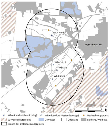  Abb. 1: Untersuchungsgebiet mit den Standorten der Windenergieanlagen (Inbetriebnahmejahr WEA alt: 2000; WEA Nord und Sd 1: 2011 sowie WEA Sd 2: 2016). 