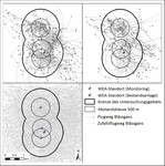 Abb. 7: Räumliche Verteilung der mittels Laser-Rangefinder erfassten Flugwege von Blässgänsen im Zeitraum nach der Inbetriebnahme der WEA Nord und Süd 1 (oben links, n = 331 Flugwege mit 3.581 Individuen von 17 Kontrollen) sowie nach Inbetriebnahme der WEA Süd 2 (oben rechts, n = 228 Flugwege mit 8.744 Individuen von 7 Kontrollen) im Untersuchungsgebiet im Zusammenhang mit dem Zufallsflugweg-Szenario (unten links).