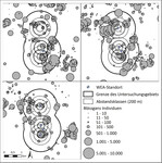 Abb. 10: Anzahl und Verteilung rastender Blässgänse im Zeitraum vor (oben links, 43 Kontrollen 08.01. 2010 bis 24.11.2011) und nach der Inbetriebnahme der WEA Nord und Süd 1 (oben rechts, : 43 Kontrollen 11.12.2011 bis 31.03. 2013) sowie nach Inbetriebnahme der WEA Süd 2 (unten links, 26 Kontrollen 07.10.2016 bis 01.04. 2017) im Untersuchungsgebiet und dessen Umfeld.