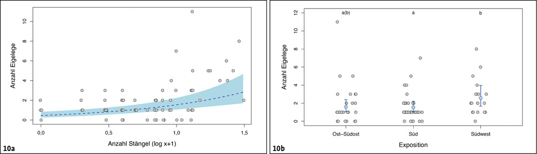 Abb.�10: Anzahl Eigelege des Schmetterlingshafts in Abh�ngigkeit von der Anzahl verf�gbarer trockener Pflanzenst�ngel sowie der Exposition der untersuchten Fl�che. Zur Darstellung siehe Abb.�8.