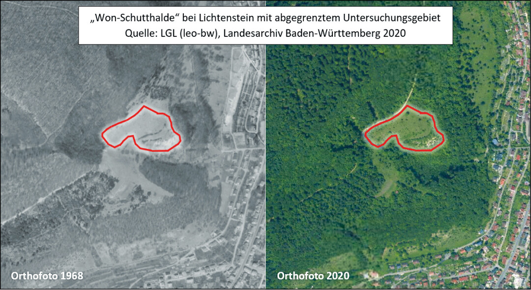 Abb.�12: Luftbildvergleich NSG Wonhalde-Spielberg 1968 und 2020.