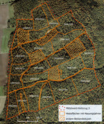 Abb. 3: Schlageinteilung des Hiebszugs 3 im Mittelwald Liebenburg mit Angabe der vergangenen und geplanten Hauungsjahre. Luftbild: Auszug aus den Geobasisdaten der Niedersächsischen Vermessungs- und Katasterverwaltung, © 2022