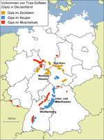 Abb. 1: Karte der Gipsvorkommen in Deutschland (verändert nach BdG 2006). Auf nähere Angaben zu den einzelnen Abbauflächen muss wegen der betroffenen Firmen verzichtet werden.