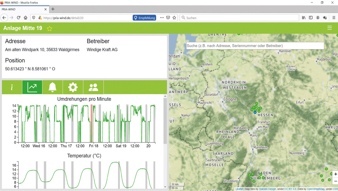  Abb. 3: Screenshot des Webportals mit simulierten Daten (links) (Stand: November 2020). Ein Fehlbetrieb ist im Drehzahlverlauf rot markiert. Grau hinterlegte Abschnitte zeigen die fr die Abschaltung relevanten Tageszeiten an. 