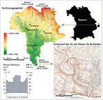 <strong>Abb. 3: </strong>Lage des Untersuchungsgebietes im Südosten Bayerns und innerhalb des Ilz-Talsystems. Location of the study area in southeastern Bavaria and within the Ilz river system (elevation model acc. to SRTM data, mapping unit provided by Bayerisches Landesamt für Vermessung und Geoinformation).