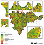 <strong>Abb. 1: </strong>Naturnähe der Biotoptypen im Nationalpark Kellerwald-Edersee als Ergebnis der gutachterlichen Einschätzung zum Zeitpunkt der Erstinventarisierung. Einzelne Bereiche mit einer bereits hohen Naturnähe (Stufe 1 und 2) sind zur Veranschaulichung in Detailkarten dargestellt. Von links Mitte bis rechts unten: Naturwaldkomplexe an der Sommerseite, am Hagenstein, am Ringelsberg, in der Wooghölle, am Weißen Stein sowie am Rabenstein.