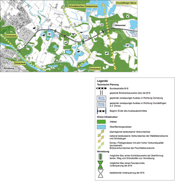 Abb. 1: Plan zur Vernetzung: Darstellung der bedeutenden Verbundachsen und Lebensrume im Untersuchungsgebiet von Gnzburg bis Birkenried mit Nachweisen von Arten entsprechend der Artenschutzkartierung des Bayerischen Landesamtes fr Umwelt.
