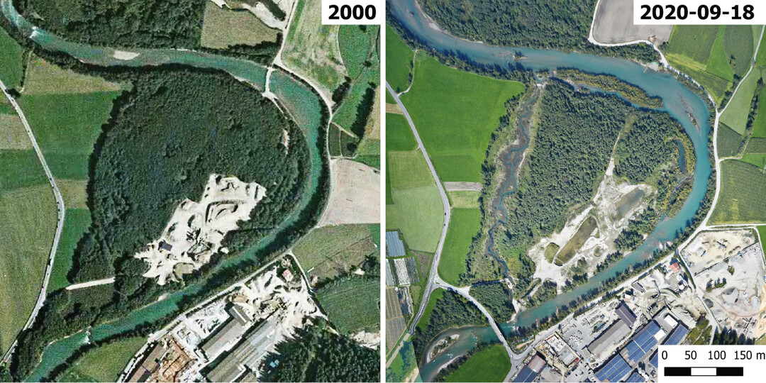  Abb. 2: Revitalisierung bei Gais im Rahmen des Gewsserbetreuungskonzepts Untere Ahr: links vor den Arbeiten (2000), rechts whrend der Arbeiten (2020). Luftbilder: Autonome Provinz Bozen-Sdtirol 