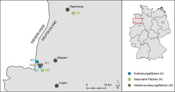 Abb.1: Lage der sechs Untersuchungsgebiete im westlichen Niedersachsen