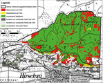 <strong>Abb. 3: </strong>Veränderung der Waldfläche und der gehölzbestandenen Flächen außerhalb des Waldes zwischen 1945 und 2007 im westlichen Teil des Spitzberges nördlich von Hirschau (LK Tübingen).  <strong>Change of forest cover and scrubland at the western part of the Spitzberg north of Hirschau between 1945 and 2007.  </strong>