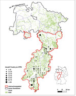 Abb. 3: Verbreitung vonDicranum viride in Hessen und Niedersachsen sowie Abgrenzung des Untersuchungsgebiets.