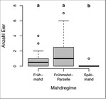 Abb. 7: Eifunde in Abhängigkeit von den experimentellen Mahdregimes. Datengrundlage sind Funde aus den acht besiedelten Untersuchungsgebieten mit meist drei untersuchten Patches pro Mahdregime (gesamt-n = 69 Patches). Zur Darstellung s. Abb. 6.