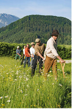 Gemeinsam sensen macht Spaß, findet Heiner Miller. Und so kann auch schwieriges Gelände anwender- und artenschonend gemäht werden.