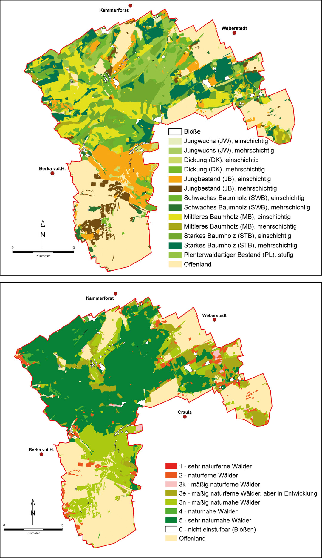 Fig. 7: (a) The forest development phases taken from the forest biotope mapping of the Hainich National Park and (b) assessments of the naturalness of the forests clearly show the long and very different history of use. Of the total area of the National Park of 7,500ha, approximately 5,287ha were mapped as forests (patches and potholes: 102 ha, seminatural forests: 266ha, moderately semi-natural forests: 1,815ha, nearnatural forests: 3,104ha) (NPH 2012). 