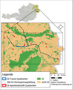Abb. 1: Projektgebiet und Untersuchungsflächen: eigene Darstellung, Hintergrund unter Verwendung von regionalen landwirtschaftlichen Daten (INVEKOS Schläge Österreich 2018, Agrarmarkt Austria, Waldflächen in Niederösterreich 2019, Land Niederösterreich, CORINE Bodenbedeckungsdaten 2018)