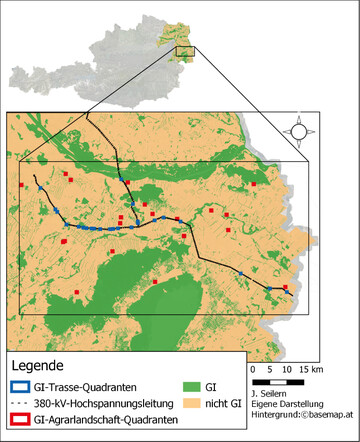 Abb. 1: Projektgebiet und Untersuchungsflchen: eigene Darstellung, Hintergrund unter Verwendung von regionalen landwirtschaftlichen Daten (INVEKOS Schlge sterreich 2018, Agrarmarkt Austria, Waldflchen in Niedersterreich 2019, Land Niedersterreich, CORINE Bodenbedeckungsdaten 2018)