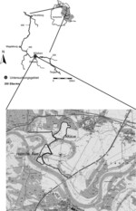 Abb. 2: Untersuchungsgebiet Kliekener Elbaue und Lage der Untersuchungsflächen (Kartengrundlage TK 25 Sachsen-Anhalt). In der Altaue wurden neun Waldränder angelegt und in der rezenten Aue acht. — Deichlinie.