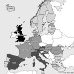 Abb. 3: Beteiligte Länder am Eucaland-Projekt. Schwarz: Koordinator, dunkelgrau: Co-Organisatoren, mittelgrau: co-finanzierende Partner, hellgrau: Beobachter (Länder, die das Projekt von außen begleitet haben).        Grafik: Michael Roth (2008)