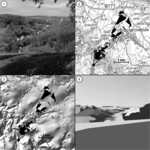 Abb. 4: Sichtraumanalyse – Beispielstandort Ortsausgang von Mauersberg/Erzgebirge. Von oben links nach unten rechts: (1) Ausschnitt des Landschaftsfotos, (2) topographische Karte mit geschwärztem Sichtbereich, (3) schattiertes digitales Geländemodell mit geschwärztem Sichtbereich, (4) Blick des virtuellen Betrachters auf die Landnutzungen (unterschiedliche Graustufen im Bild unten rechts stellen unterschiedliche Landnutzungen des ATKIS-DLM dar). 	Foto: Herberg (2002)